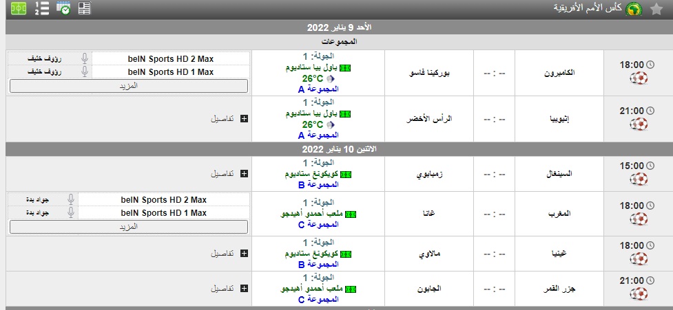 جدول مباريات كأس الأمم الأفريقية