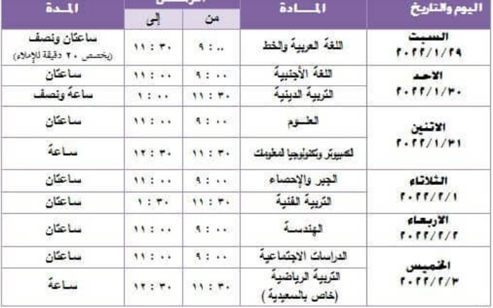 جدول امتحانات الصف الثالث الاعدادي