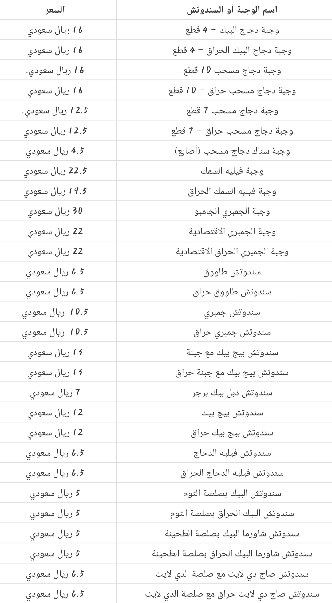 أسعار مطعم البيك الجديدة