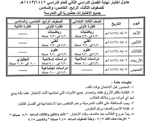 جدول اختبارات المتوسط 1443