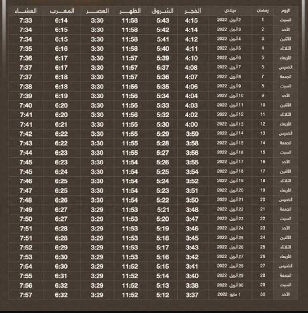 أمساكية رمضان 1443-2022