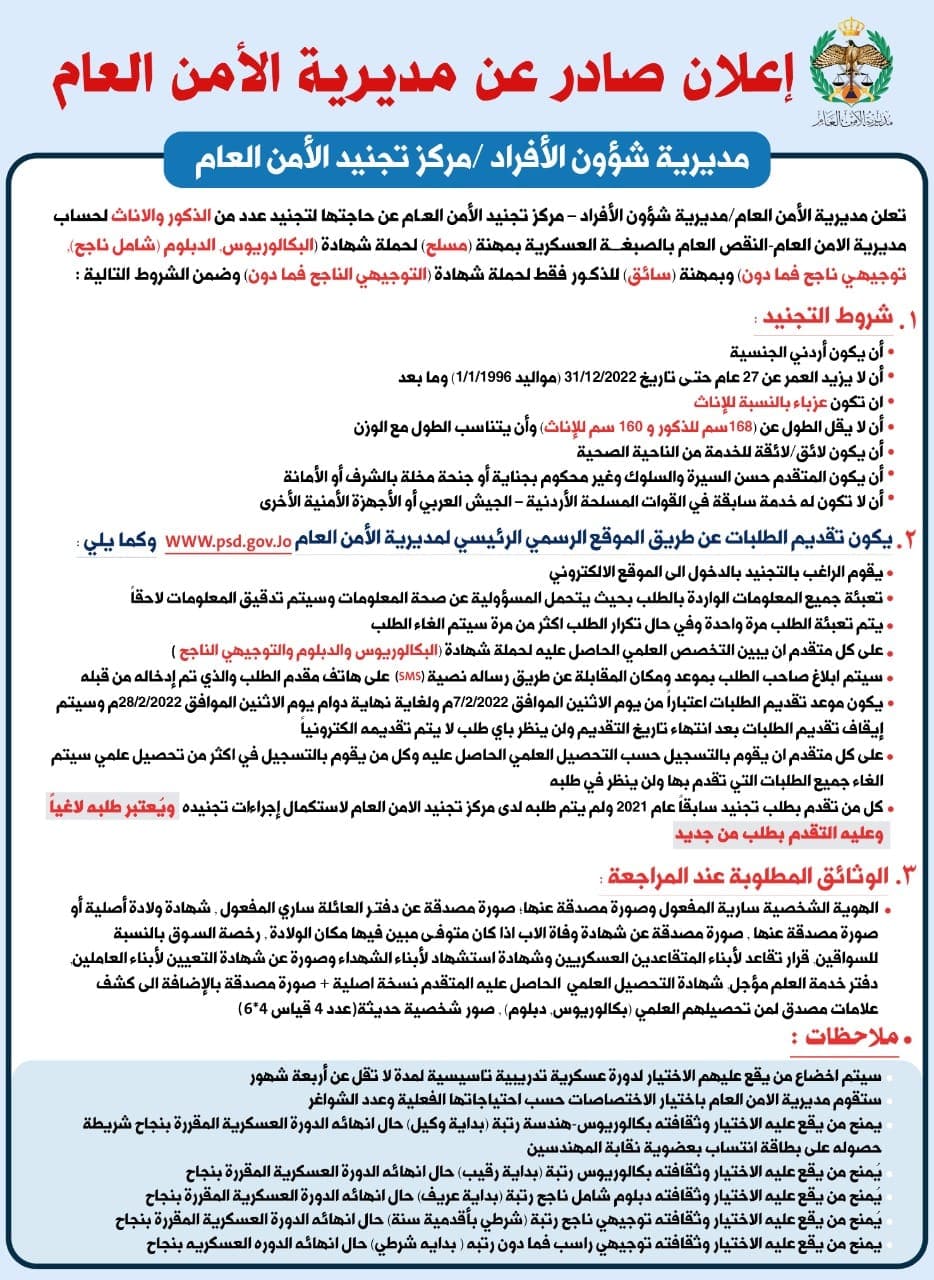 موعد تقديم وظائف الأمن العام الأردنية