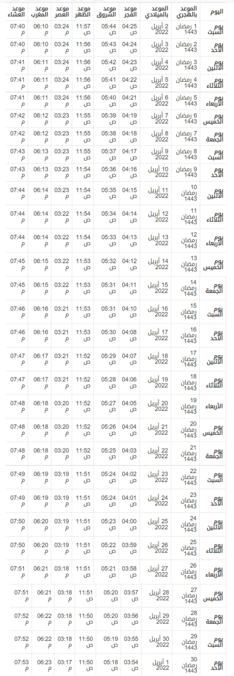 تقويم شهر رمضان المبارك