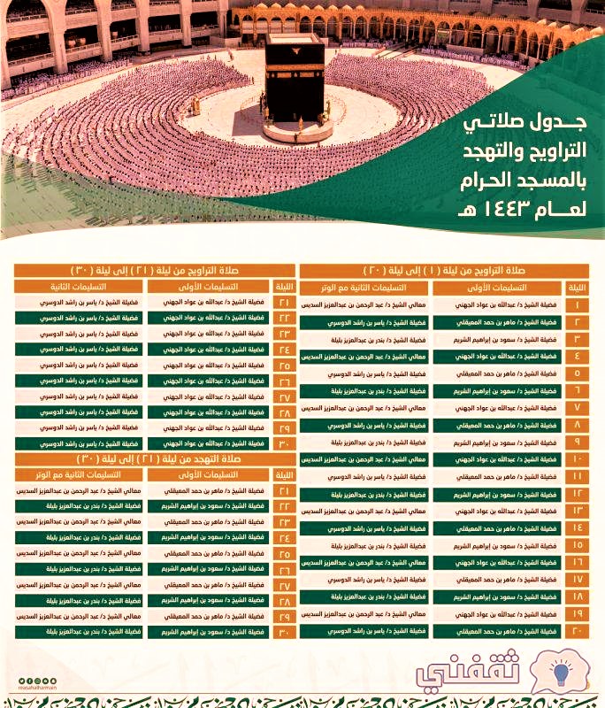جدول صلاتي التراويح والتهجد بالمسجد الحرام رمضان 1443