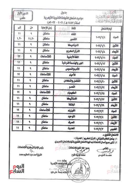 جدول أمتحان القسم العلمي