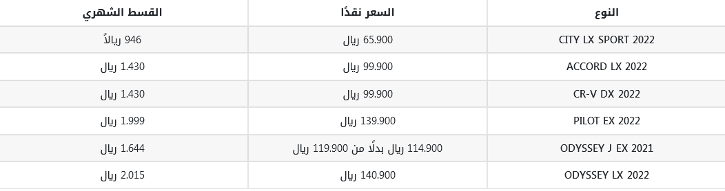 عروض سيارات هوندا