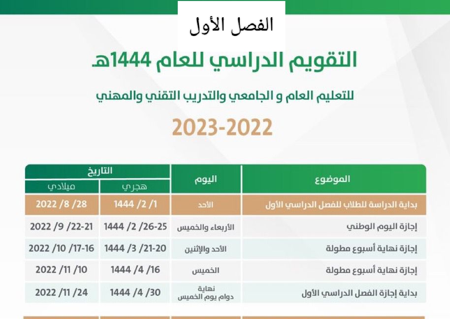 التقويم الدراسي للفصل الأول في نظام الثلاثة فصول بالصور لعام 1444