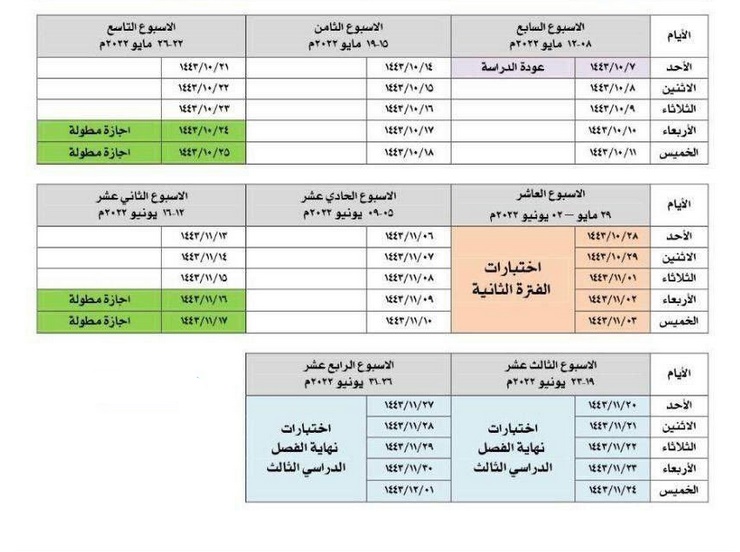 بداية الاختبارات النهائية ١٤٤٣ الترم الثالث لجميع المراحل الدراسية