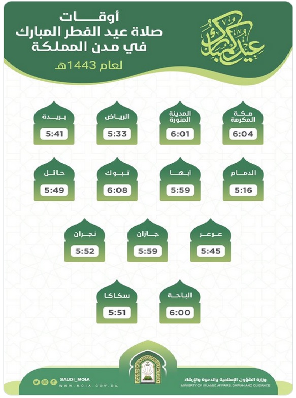 توقيت صلاة عيد الفطر في مدن المملكة