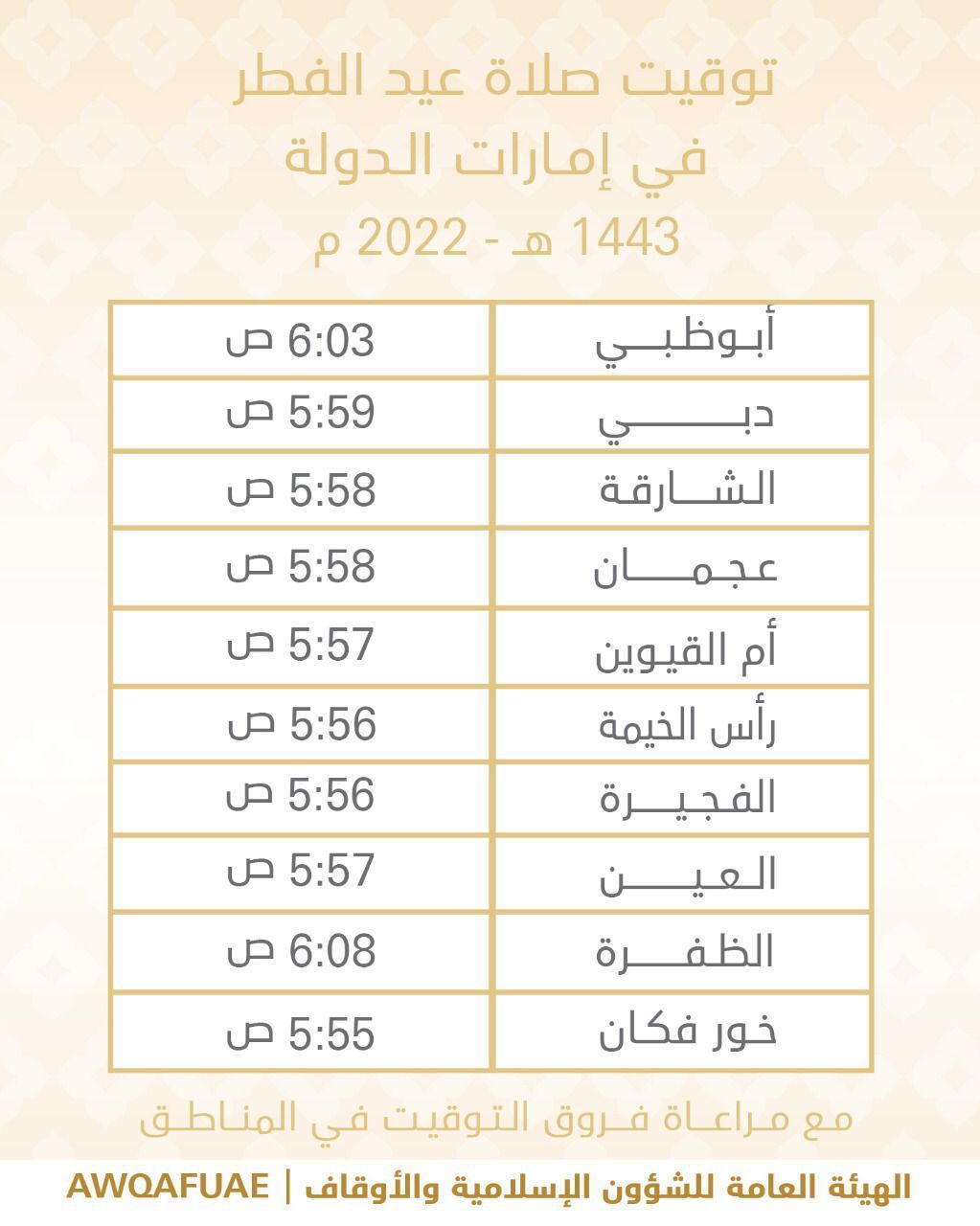 موعد صلاة عيد الفطر المبارك 2022 في الإمارات