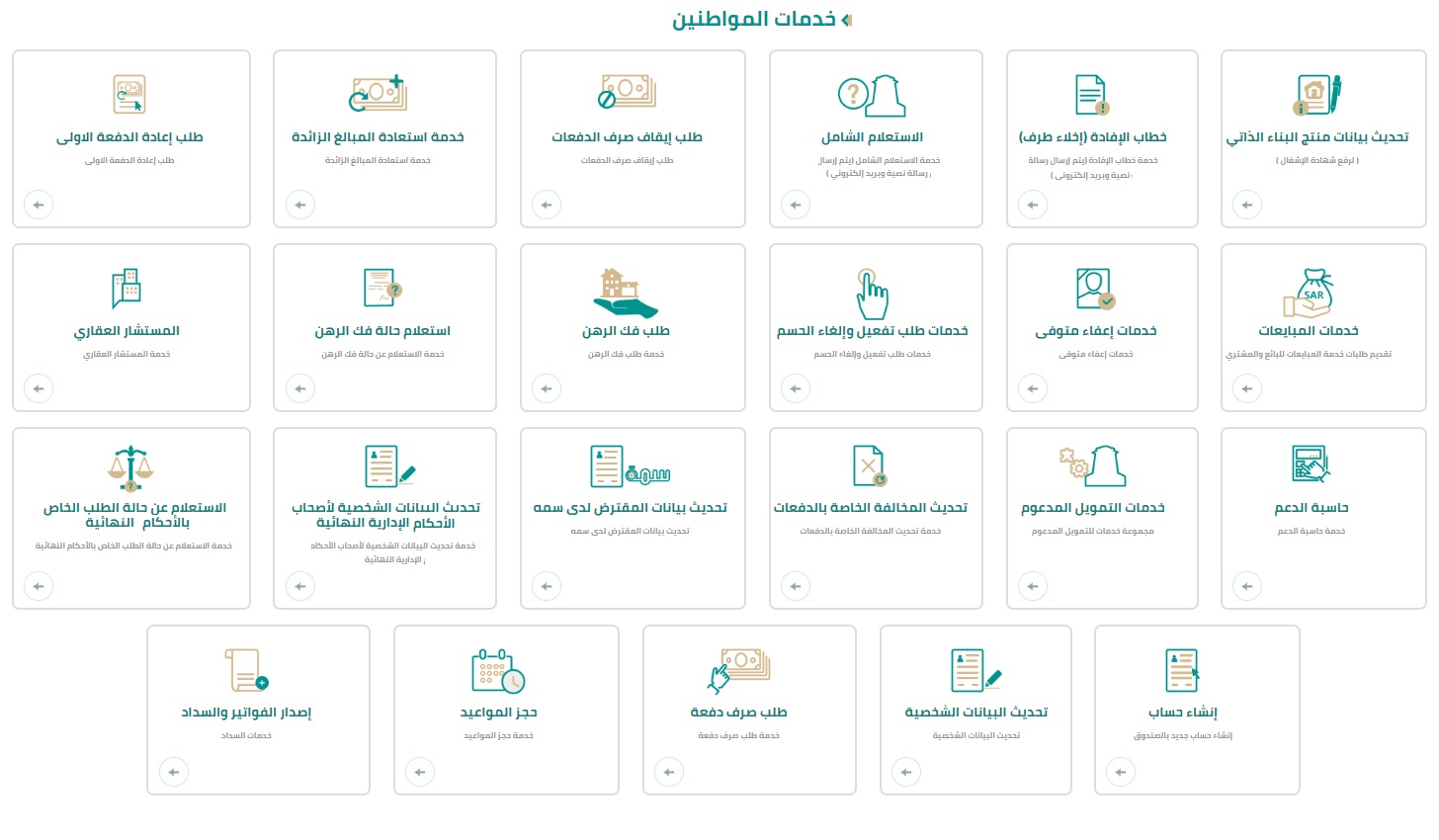 قائمة خدمات المواطنين من صندوق التنمية العقارية