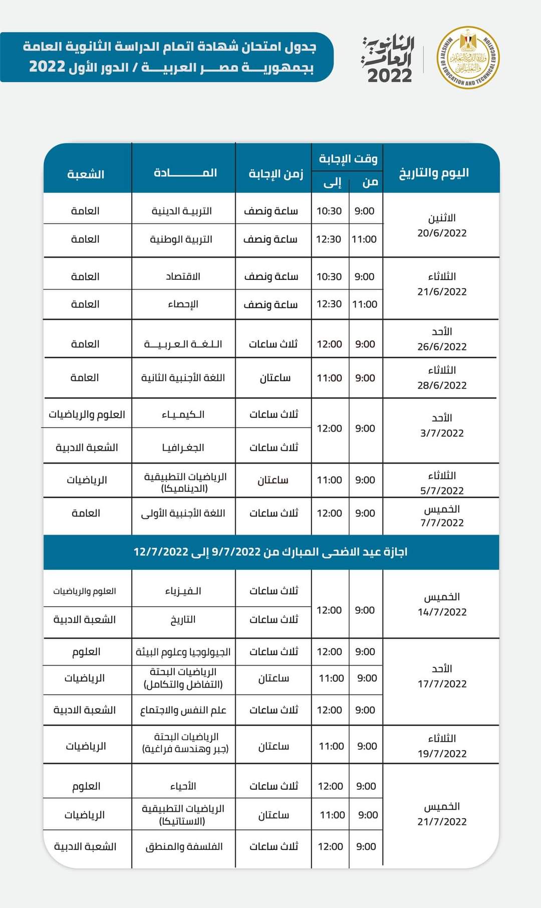 جدول امتحانات الثانوية العامة 2022 "أدبي، علمي" المُعلن رسمياً من وزارة التربية والتعليم
