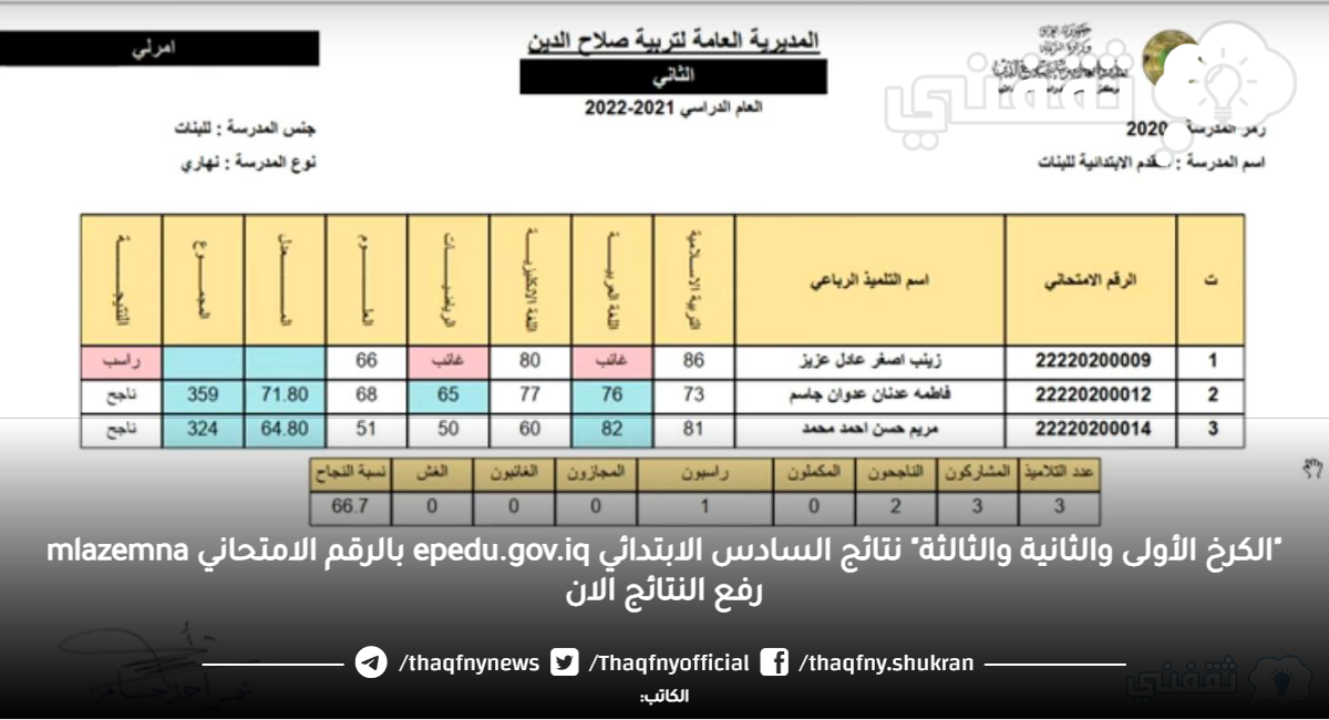 "الكرخ الأولى والثانية والثالثة" نتائج السادس الابتدائي epedu.gov.iq بالرقم الامتحاني mlazemna رفع النتائج الان "الكرخ الأولى والثانية والثالثة" نتائج السادس الابتدائي epedu.gov.iq بالرقم الامتحاني mlazemna رفع النتائج الان