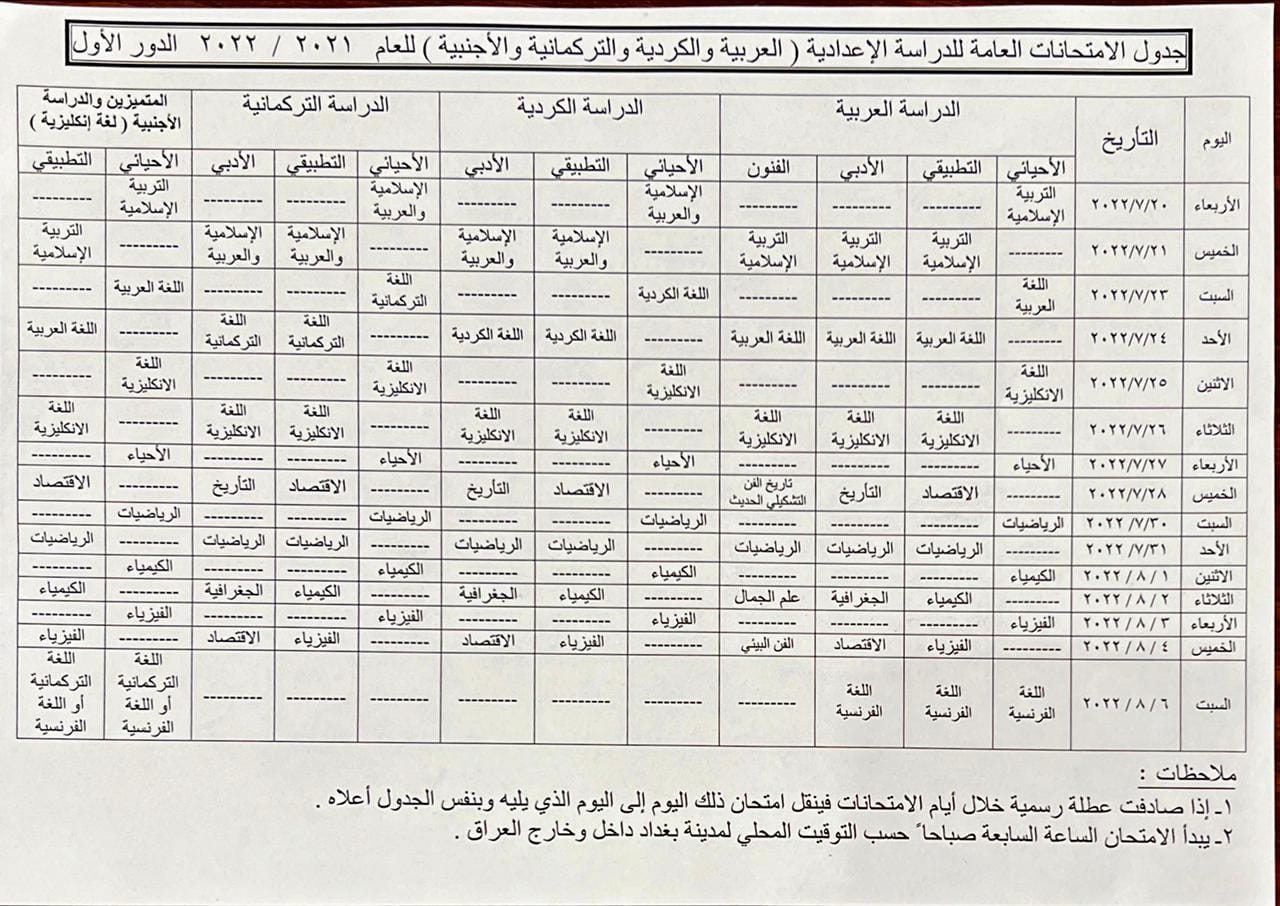 جدول الامتحانات العامة للدراسة الإعدادية لعام 2021-2022 الدور الأول 