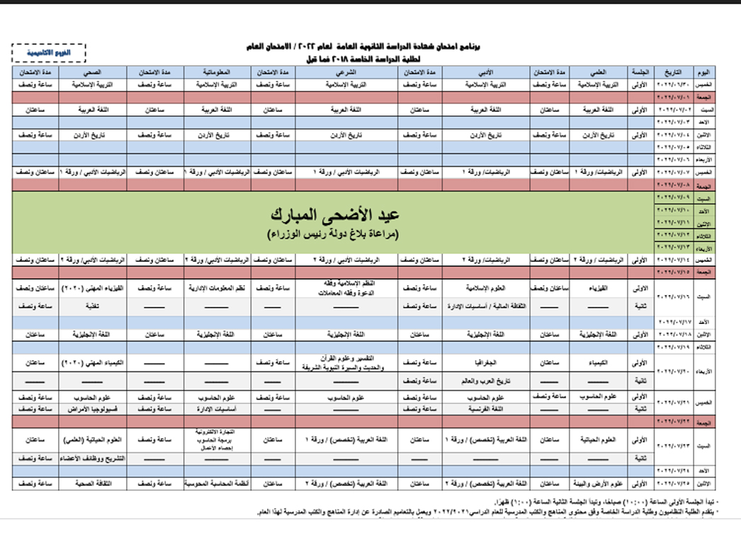 موعد امتحانات الثانوية العامة الأردن