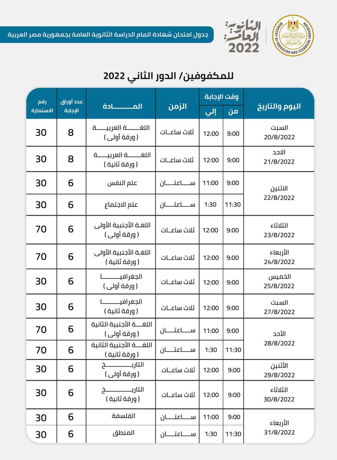 جدول امتحانات الثانوية الدور الثاني للمكفوفين 