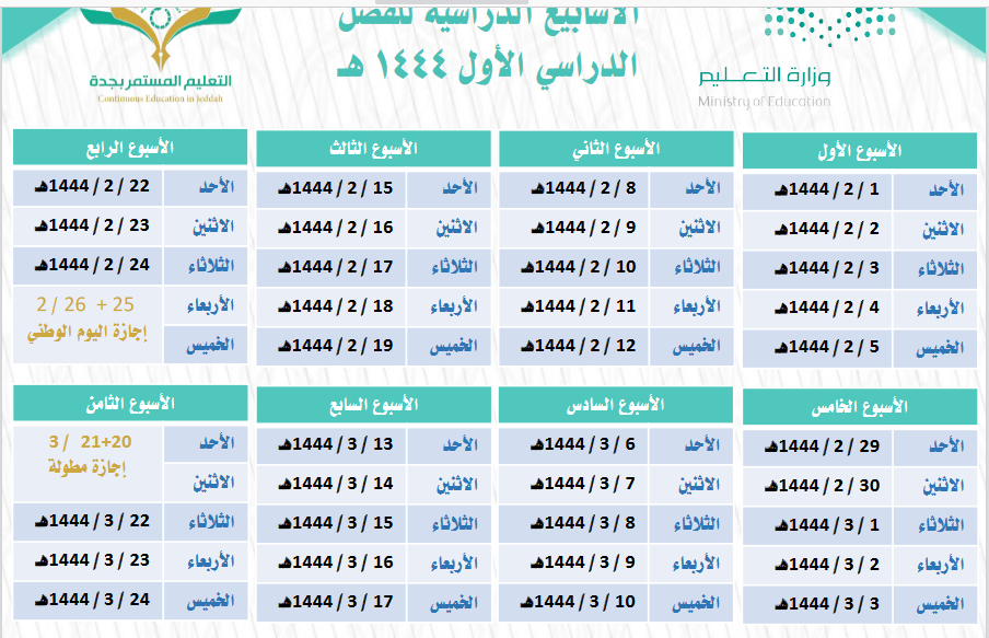 التقويم الدراسي 1444 بالاسابيع