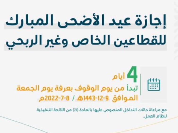 إجازة عيد الأضحى 2022 للقطاع الحكومي والخاص بالسعودية