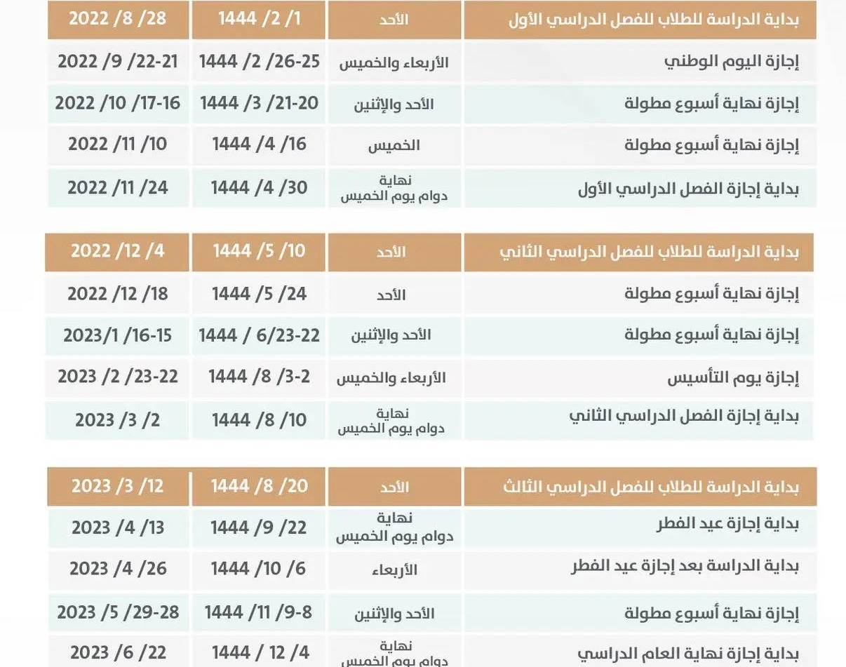 التقويم الدراسي الجديد 1444