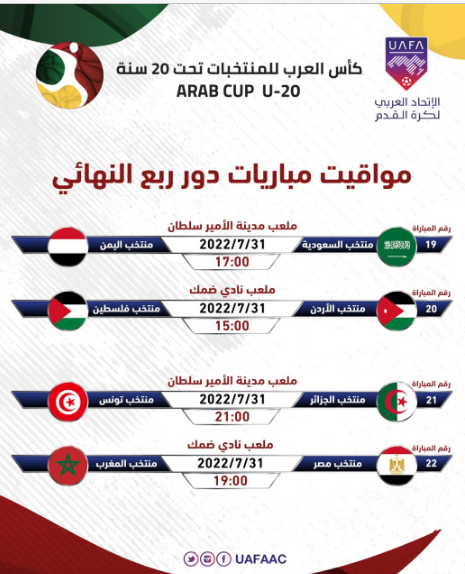 جدول مباريات دور ربع نهائي كأس العرب تحت 20 عاماً