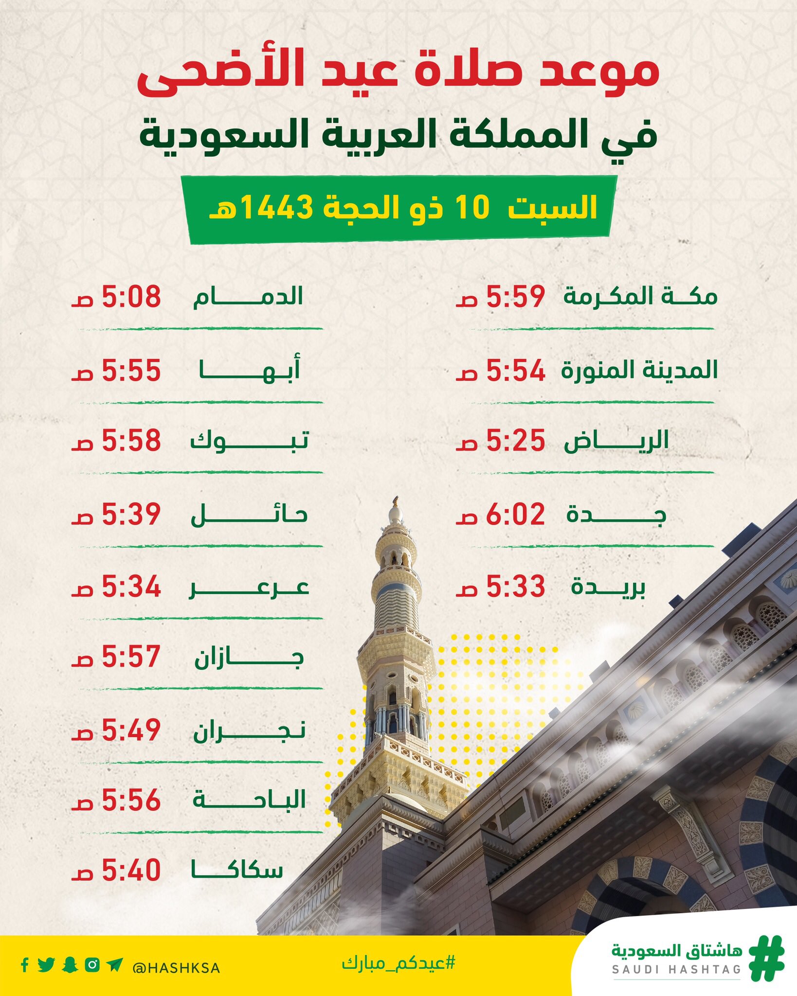 موعد صلاة عيد الأضحى 2022 الباحة