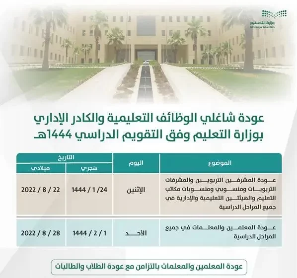 التقويم الدراسي 1444 عودة الاداريين