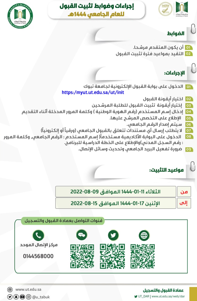 جامعة تبوك تعلن نتائج القبول للعام الجامعي 1444هـ.. تعرف على خطوات تثبيت القبول بالجامعة