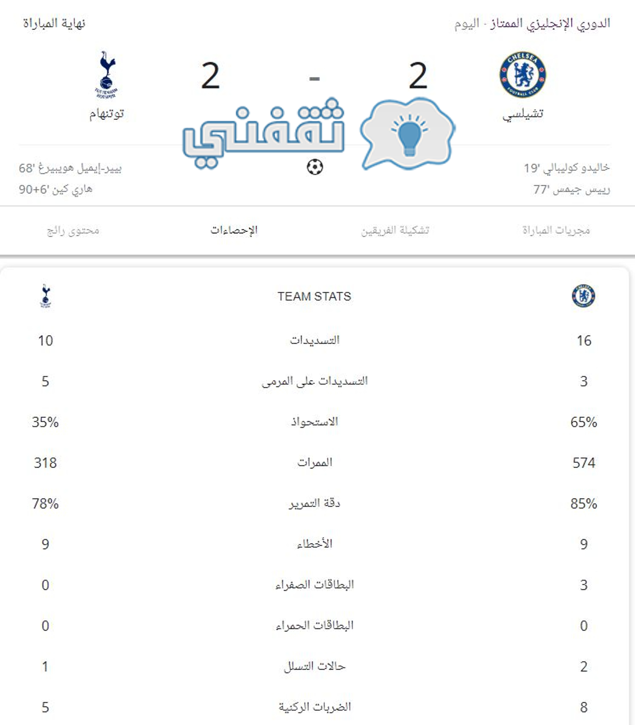 إحصائيات مباراة تشيلسي وتوتنهام في البريميرليج 2023