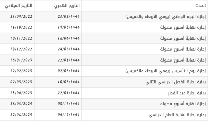 التقويم الدراسي للعام الدراسي الجديد