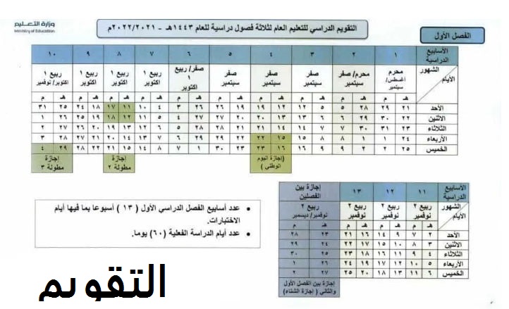جدول أسابيع الترم الأول