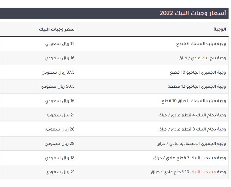 وجبات البيك الجديدة وأسعارها 2022
