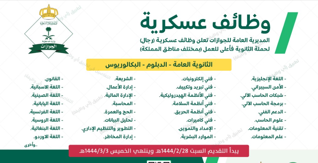 تقديم وظائف الجوازات على رتبة جندي في وزارة الداخلية السعودية