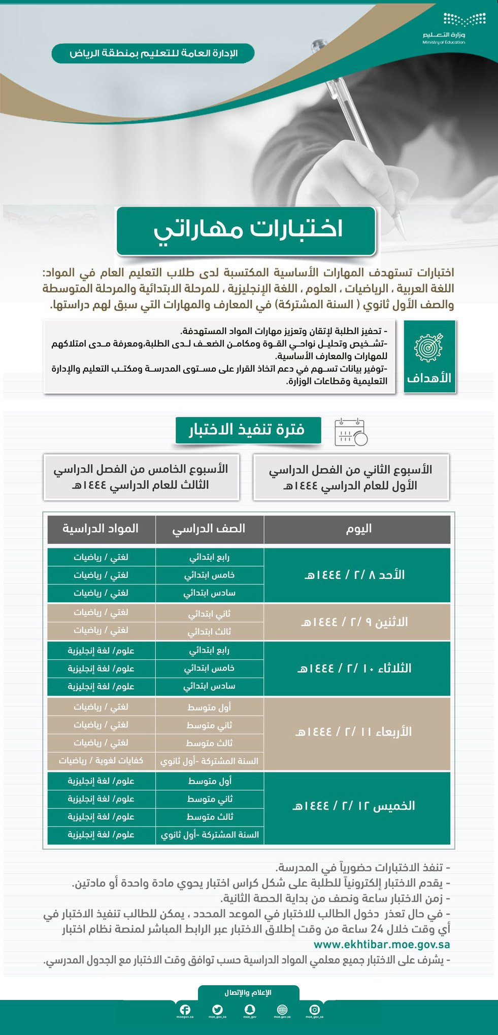 جدول اختبارات مهاراتي لكافة الصفوف الدراسية 1444