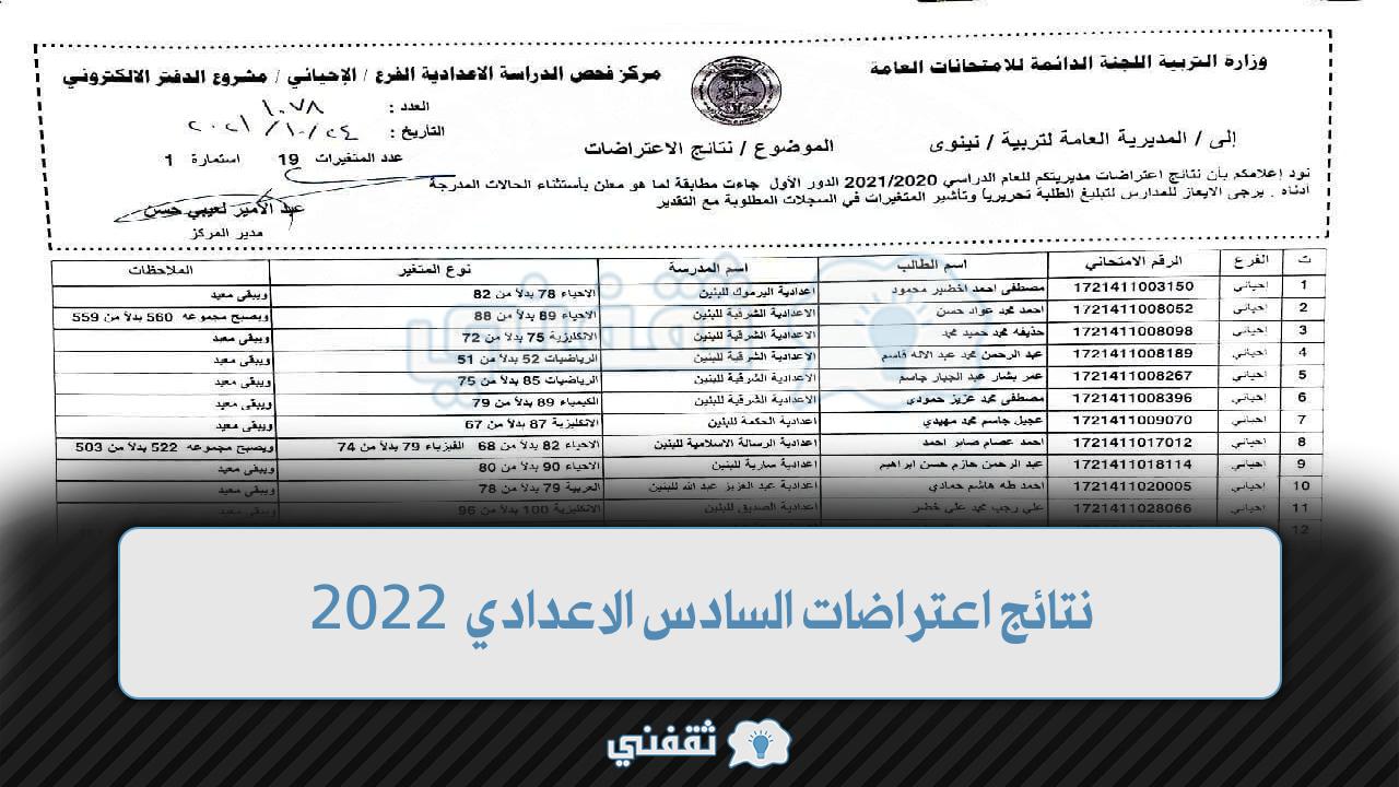 نتائج اعتراضات السادس الاعدادي 2022