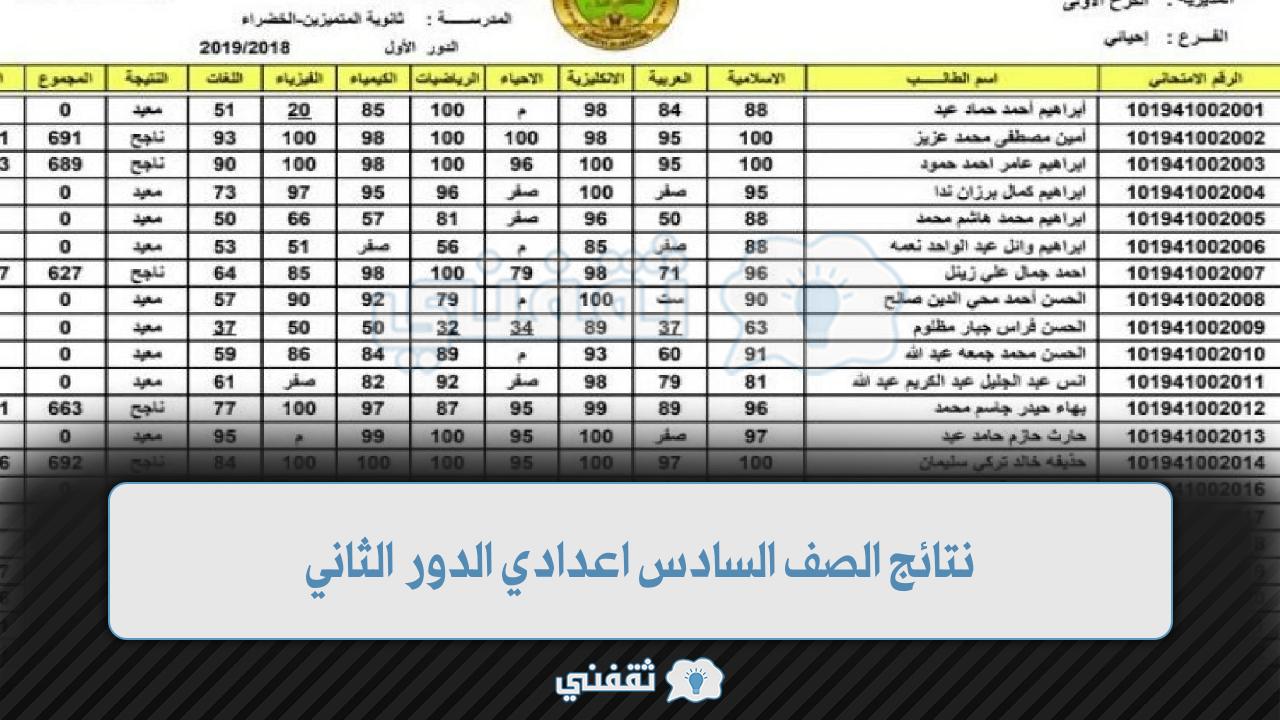 نتائج الصف السادس اعدادي الدور الثاني