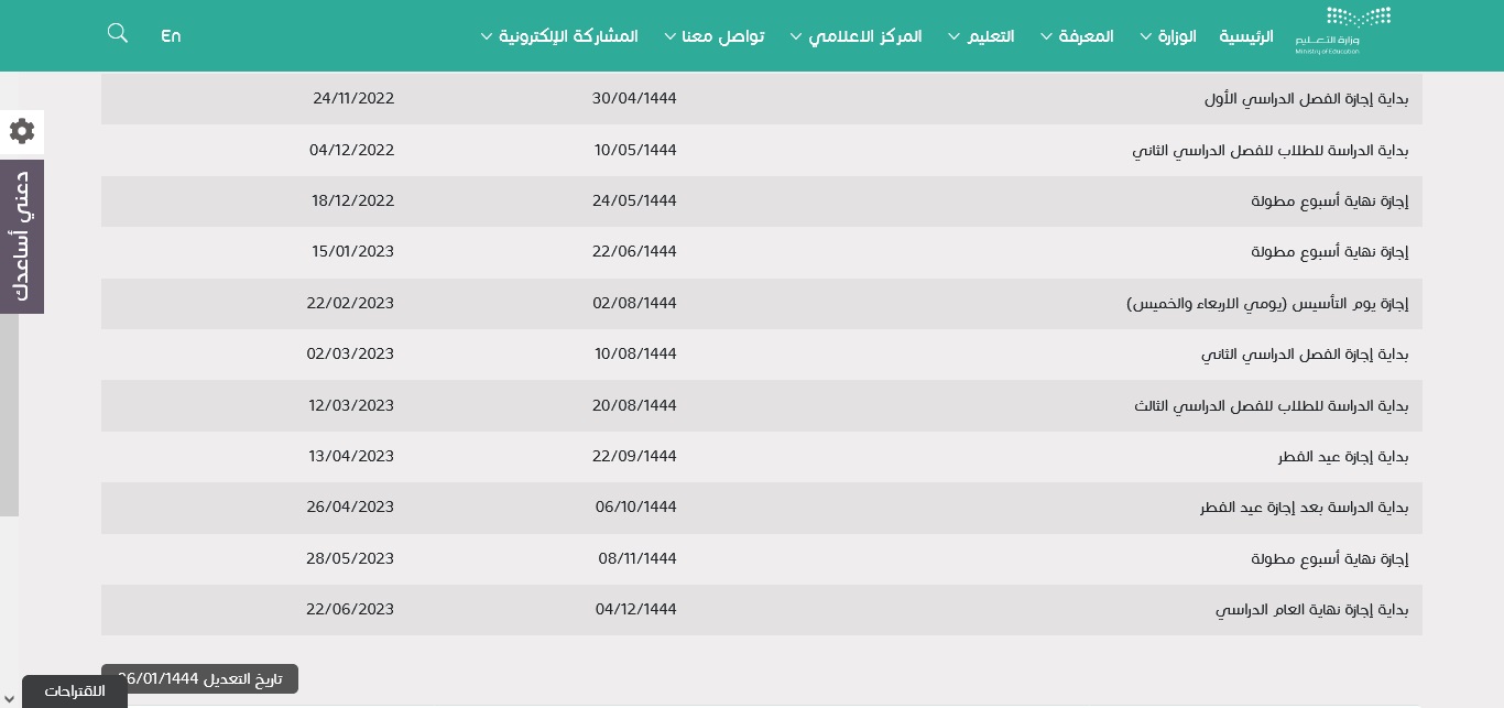 إجازات العام الدراسي 1444هـ - 2022م