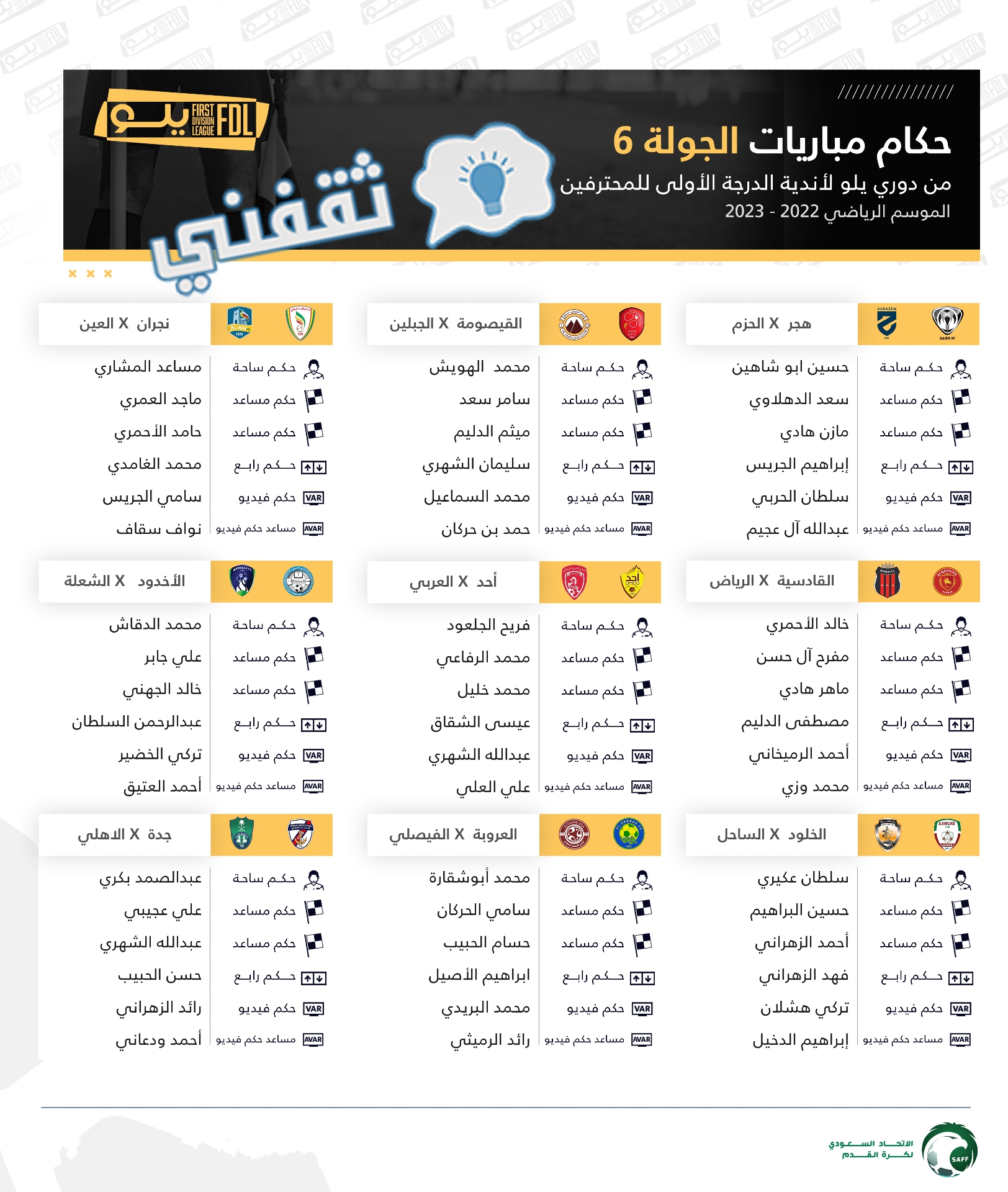 حكام مباريات الجولة السادسة من دوري الدرجة الأولى السعودي (دوري يلو)