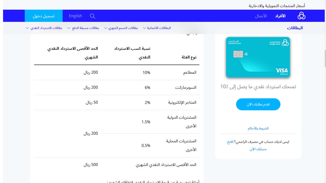 كاش باك بلس بلاتينيوم الائتمانية