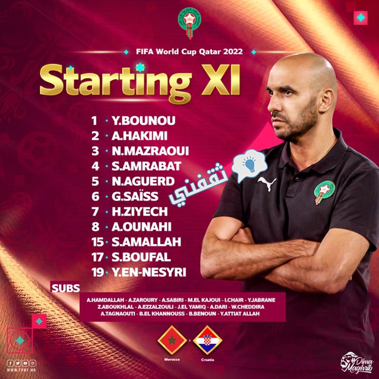 تشكيلة المنتخب المغربي في مباراة كرواتيا في كأس العالم قطر 2022