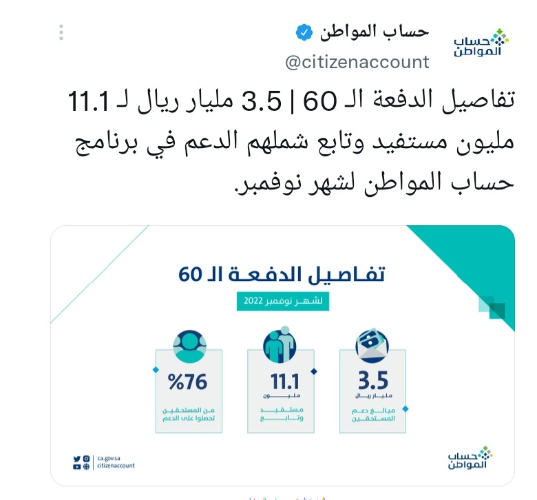 حساب المواطن يعلن عن إيداع الدعم