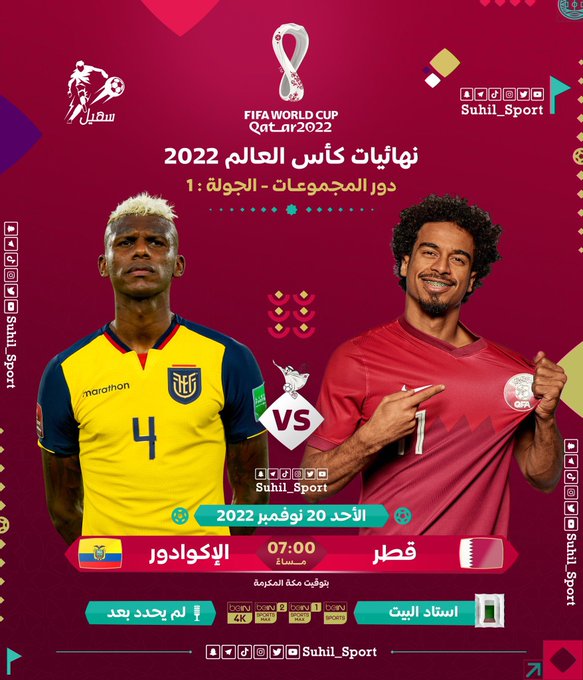 موعد مباراة قطر والإكوادور افتتاح كأس العالم 2022 والقنوات المفتوحة الناقلة