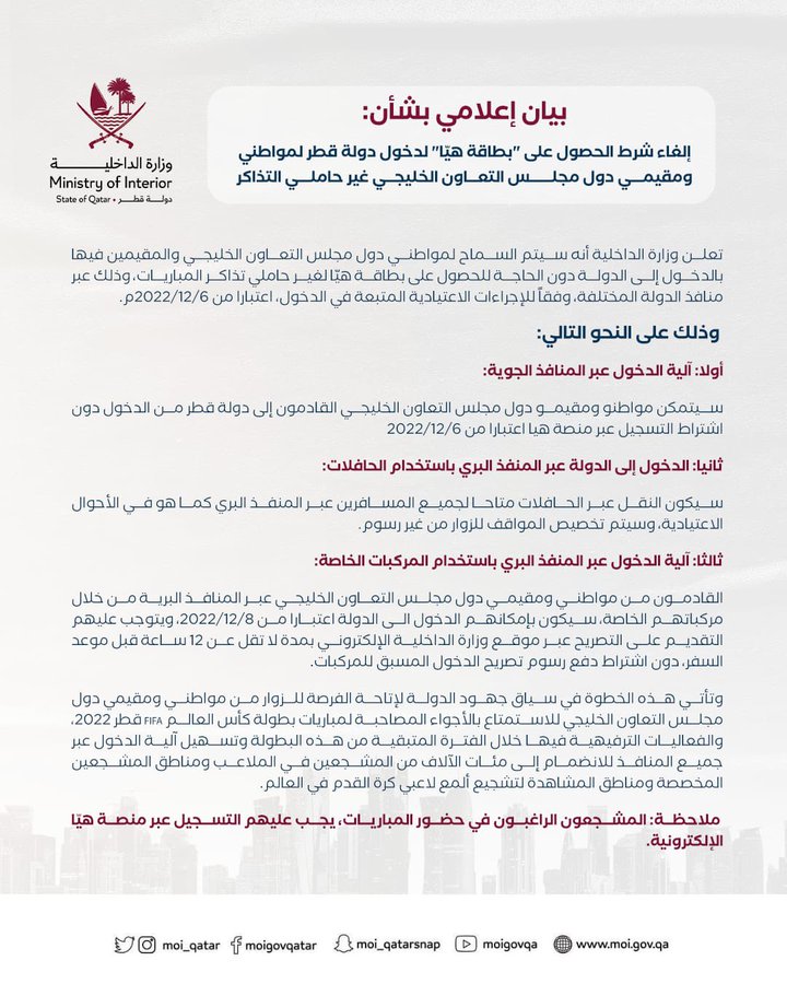 قطر تسمح بدخول مواطني مجلس التعاون ومقيميه بالدخول دون بطاقة هيا