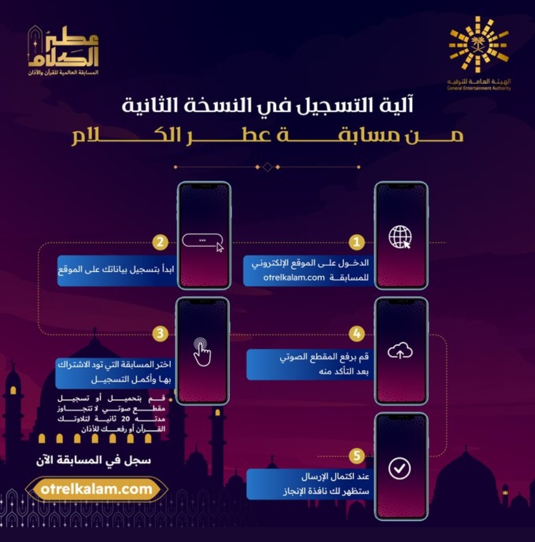 كيف اشترك في مسابقة عطر الكلام لتلاوة القرآن الكريم ورفع الاذان 2023