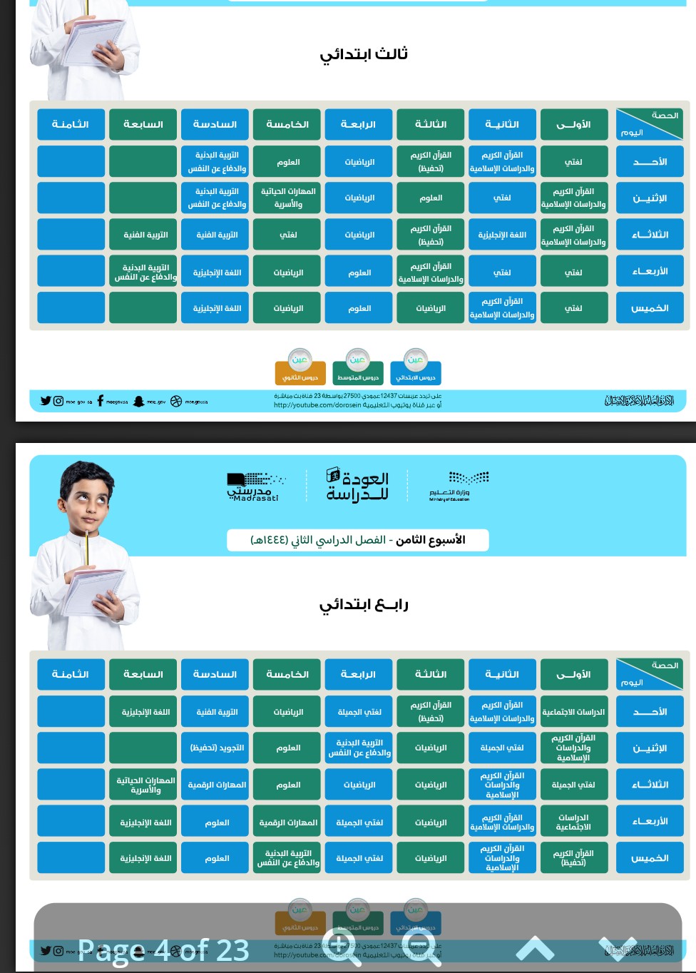 جدول الحصص اليومي الاسبوع الثامن