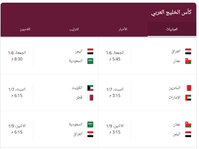 جدول مباريات كاس الخليج 25 في مرحلة المجموعات "كأس الخليج العربي 2023" والقنوات الناقلة