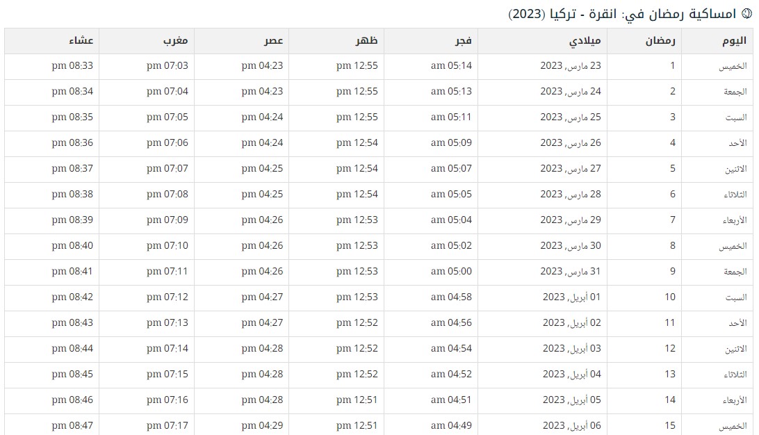 امساكية رمضان 2023 انقرة