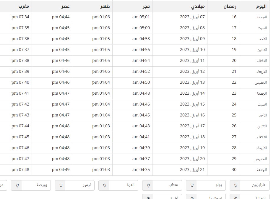 امساكية رمضان 2023 بورصة