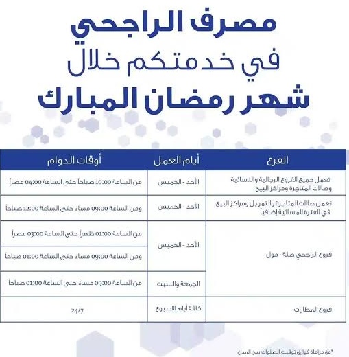 دوام بنك الراجحي في رمضان 1444