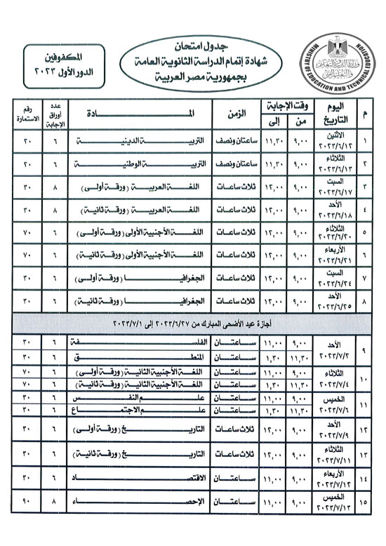 أرقام جلوس الثانوية العامة 2023