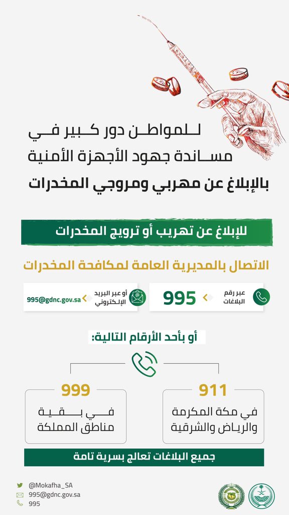 رقم التبليغ عن تهريب أو ترويج المخدرات